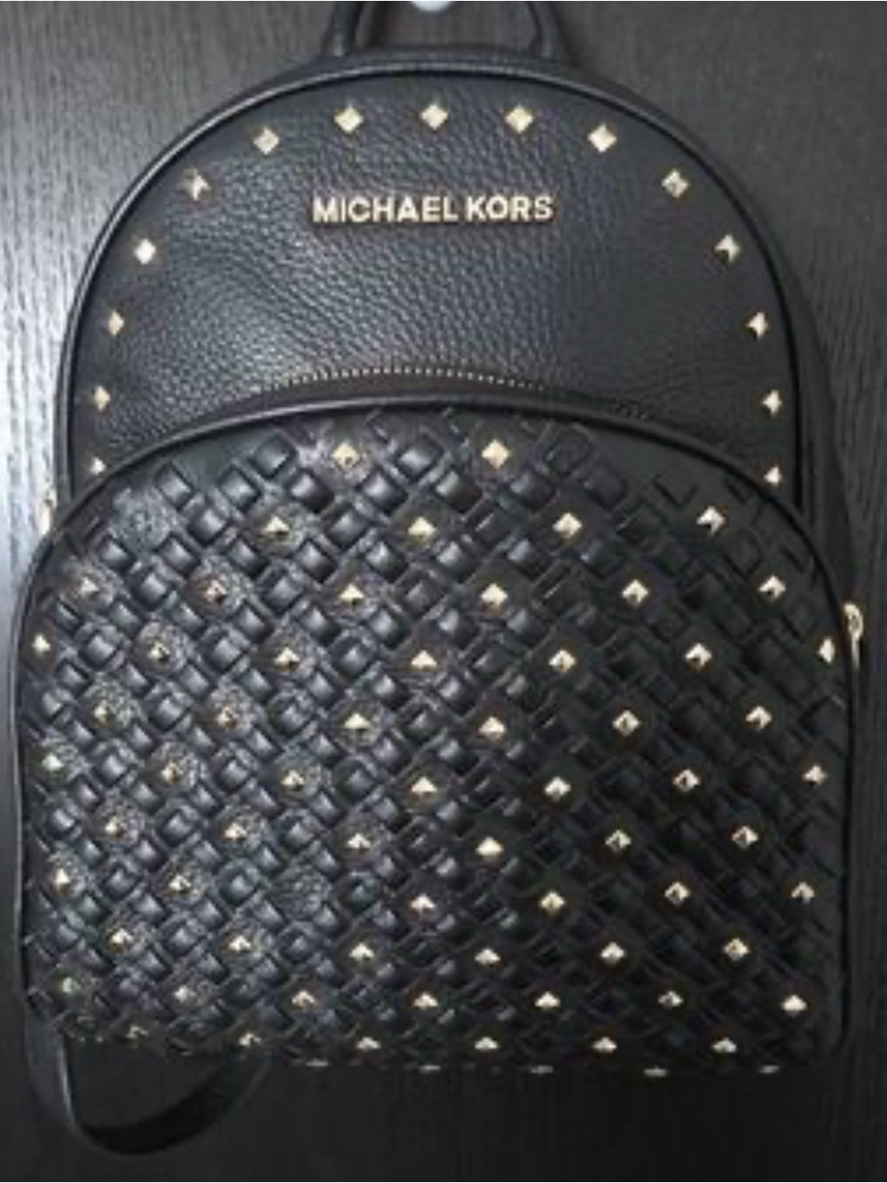 Michael Kors Black Woven Leather Mini Backpack Abbey with Gold Studs